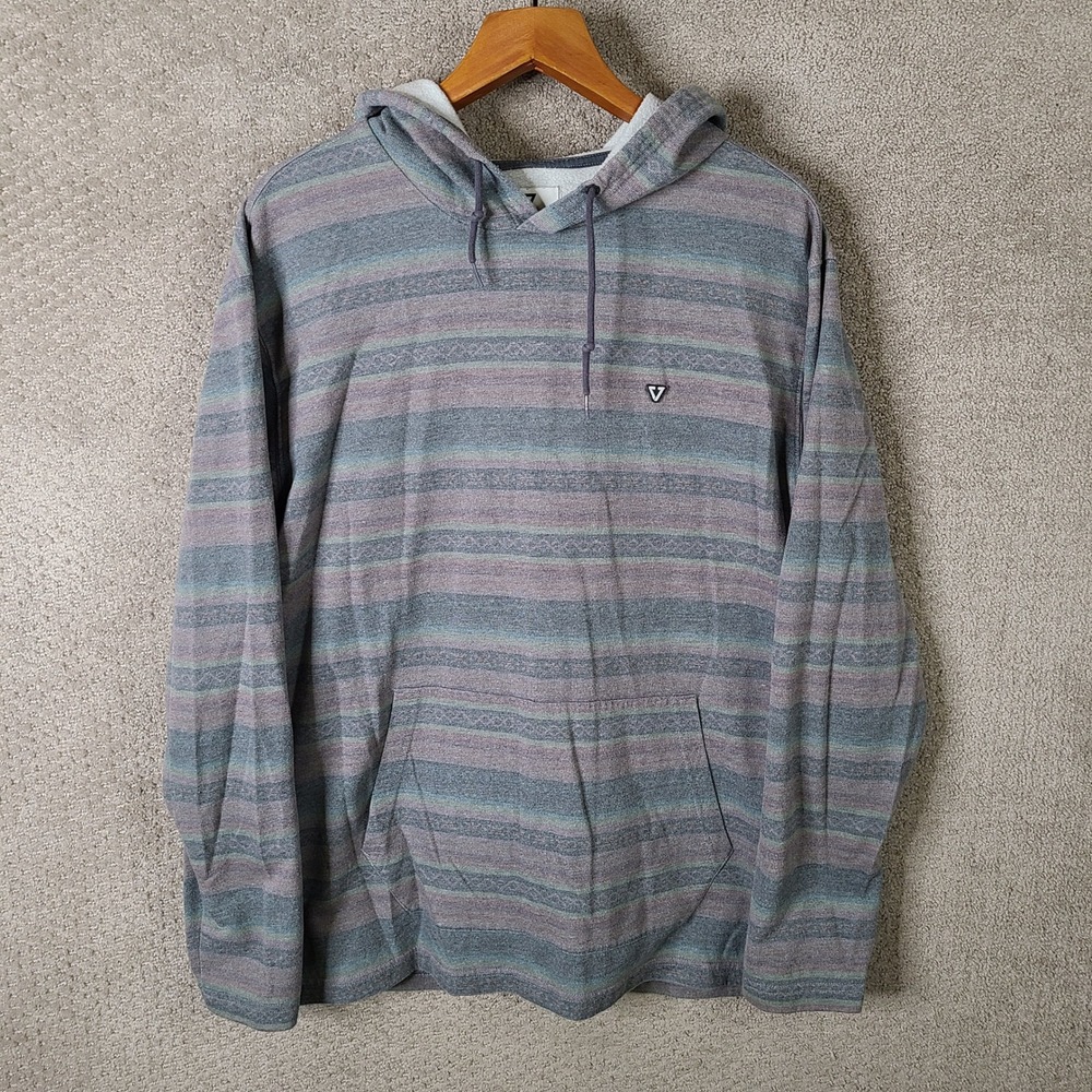 Vissla Hoodie Mens XL Gray Teal Purple Baja Striped Pullover Surf Sweatshirt